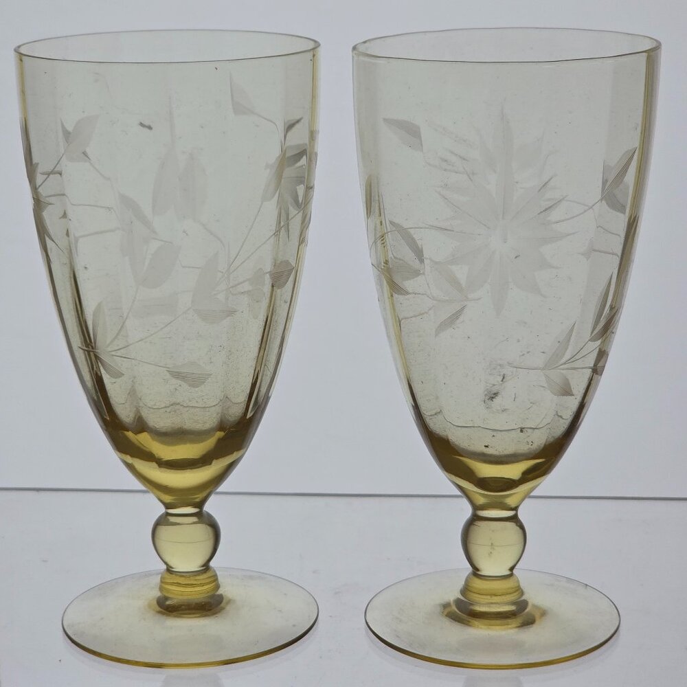 2 Lancaster Glass Co yellow Jubilee goblets